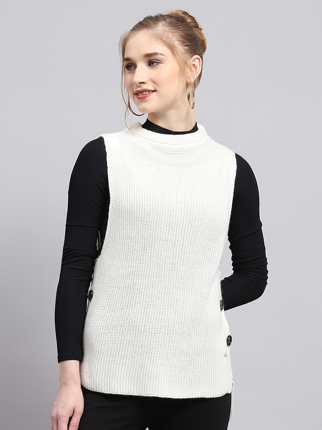 Women Off White Self Design Round Neck Sleeveless Winter Tops
