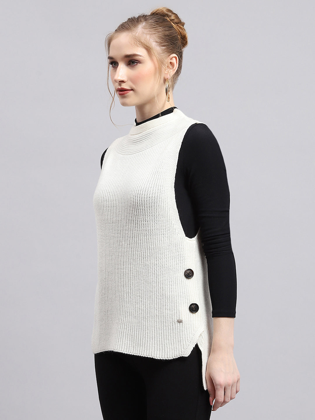 Women Off White Self Design Round Neck Sleeveless Winter Tops