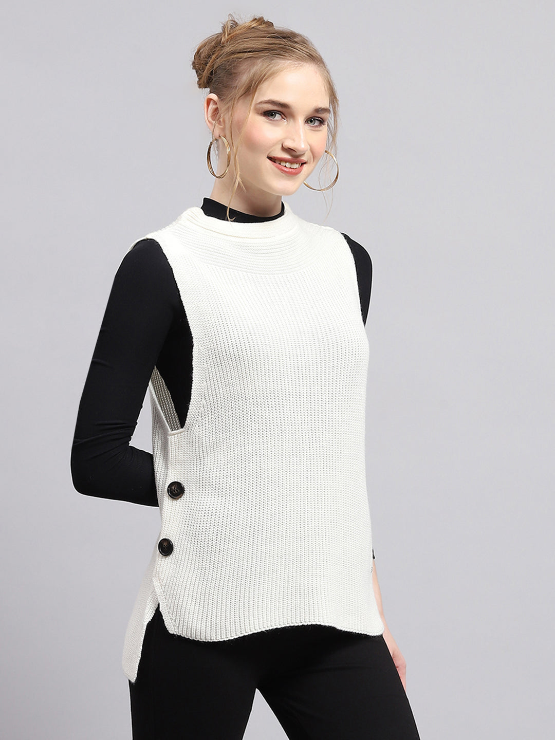 Women Off White Self Design Round Neck Sleeveless Winter Tops