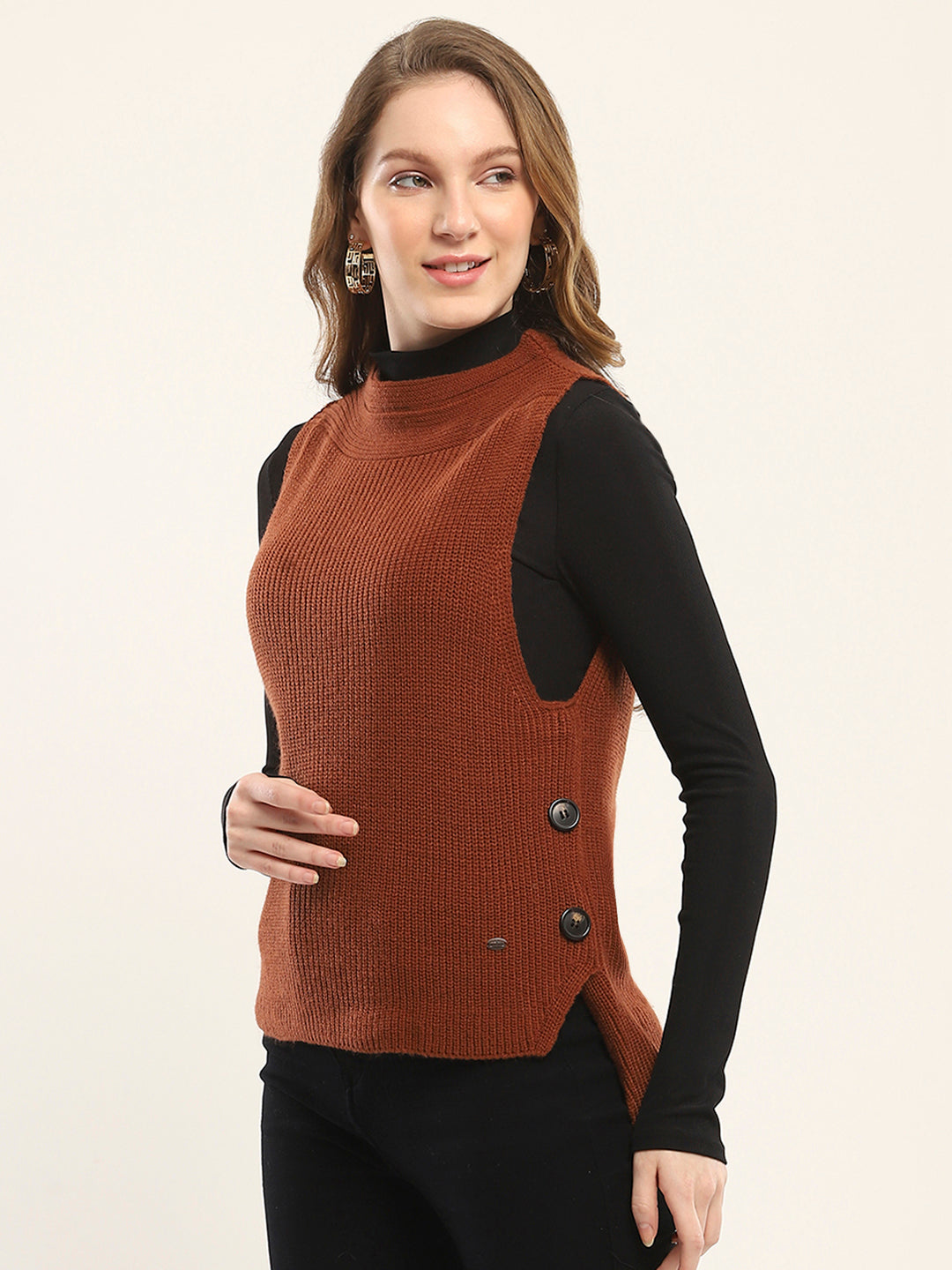 Women Rust Self Design Round Neck Sleeveless Winte Top