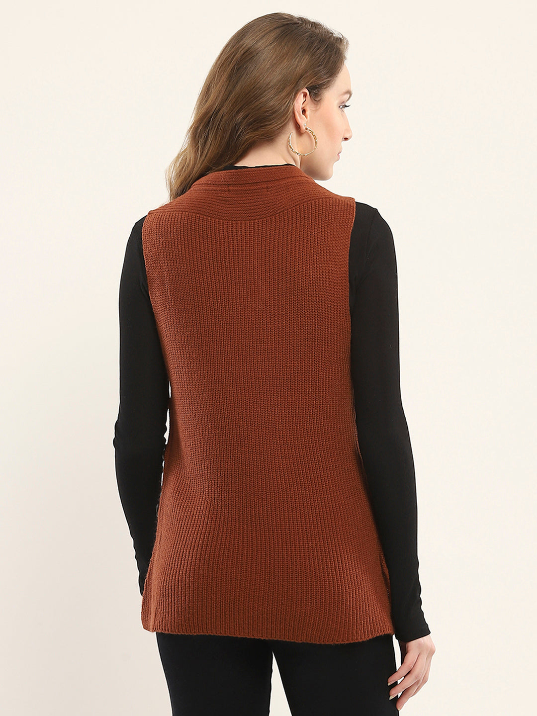 Women Rust Self Design Round Neck Sleeveless Winte Top