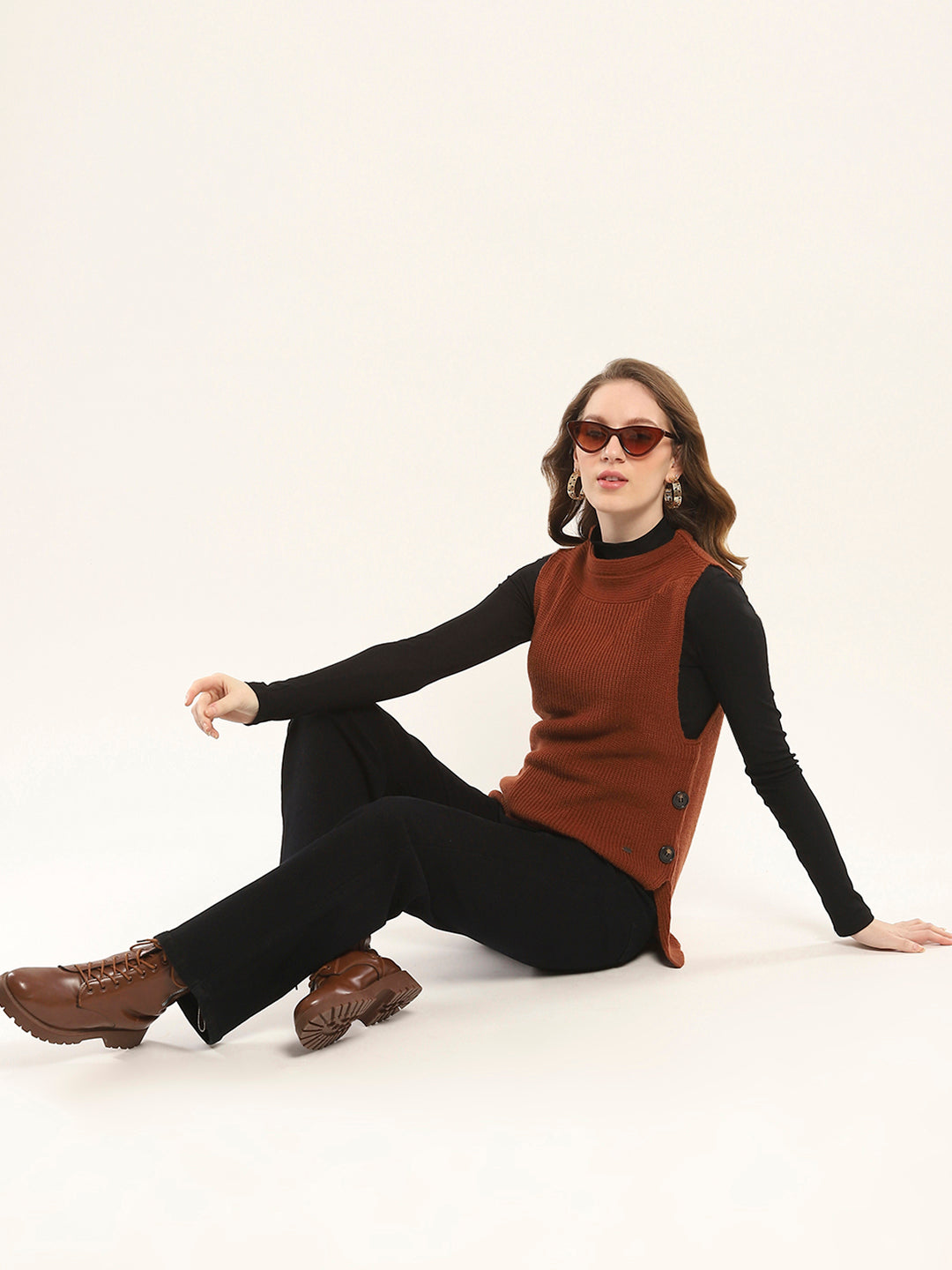 Women Rust Self Design Round Neck Sleeveless Winte Top