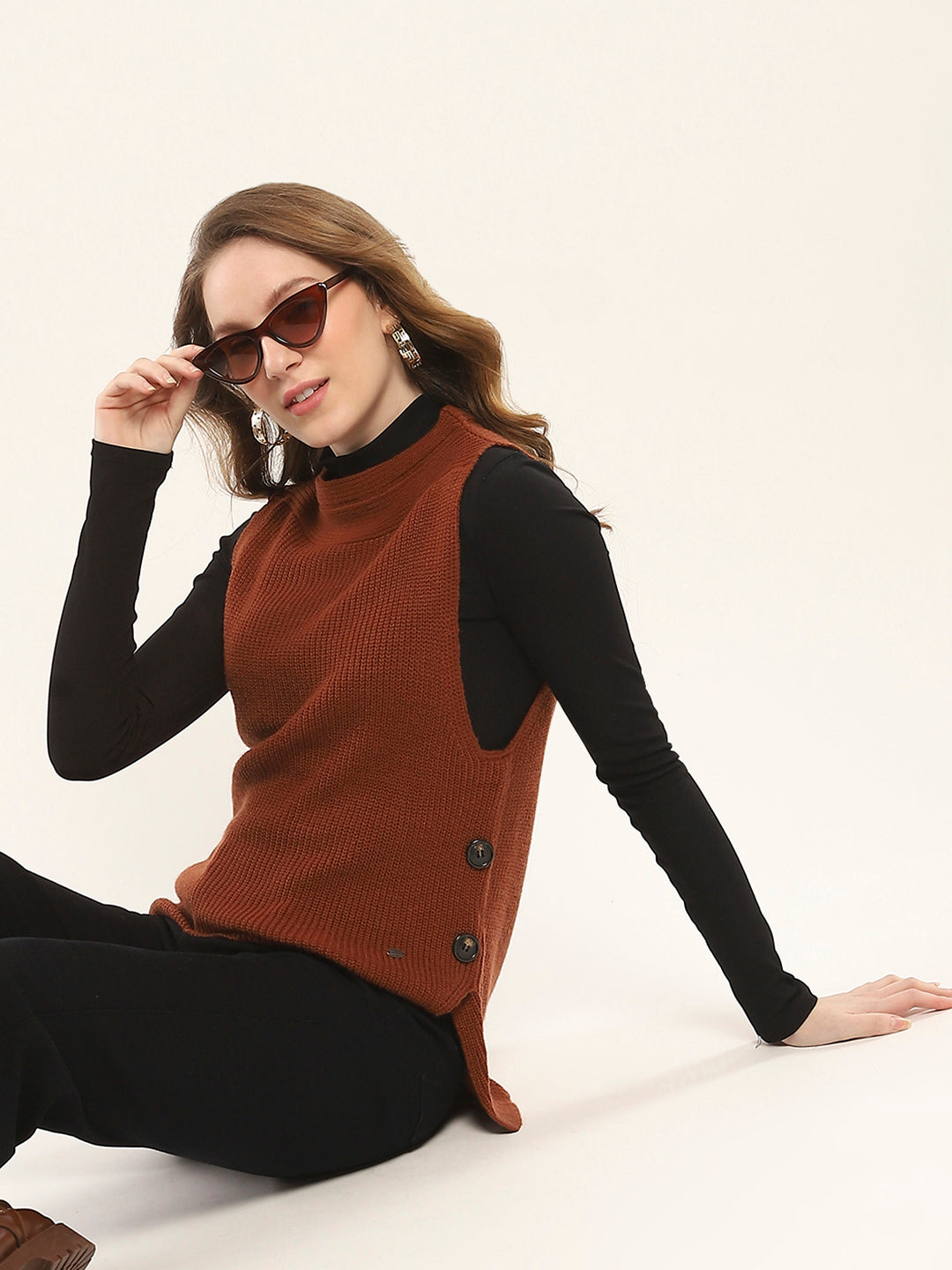 Women Rust Self Design Round Neck Sleeveless Winte Top