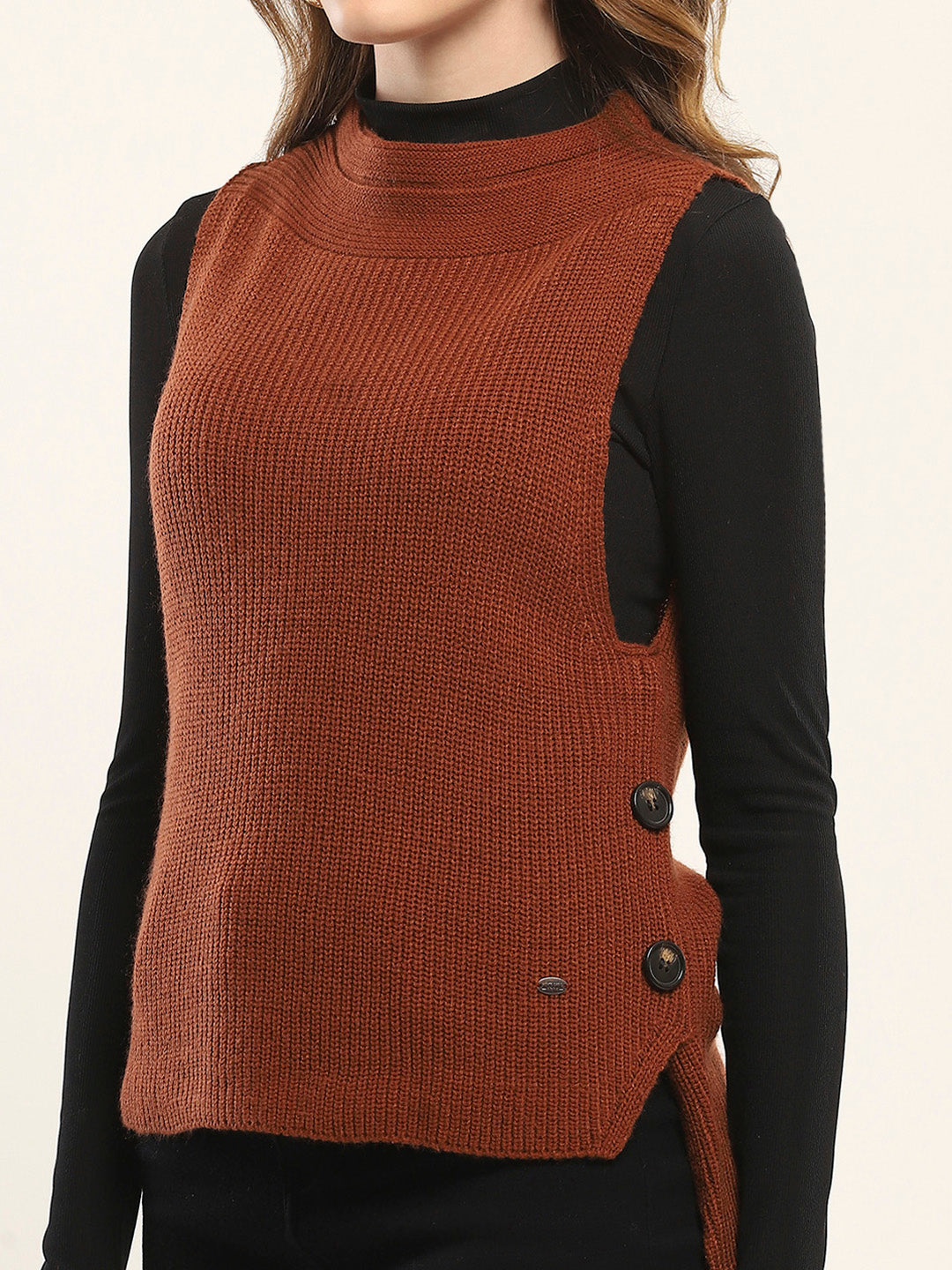 Women Rust Self Design Round Neck Sleeveless Winte Top