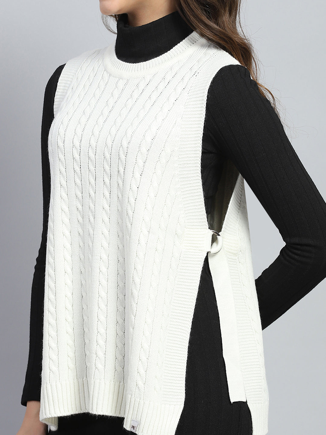 Women White Self Design Round Neck Sleeveless Winter Top
