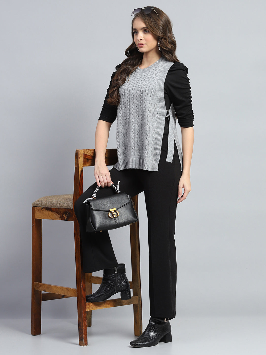 Women Grey Self Design Round Neck Sleeveless Winter Top