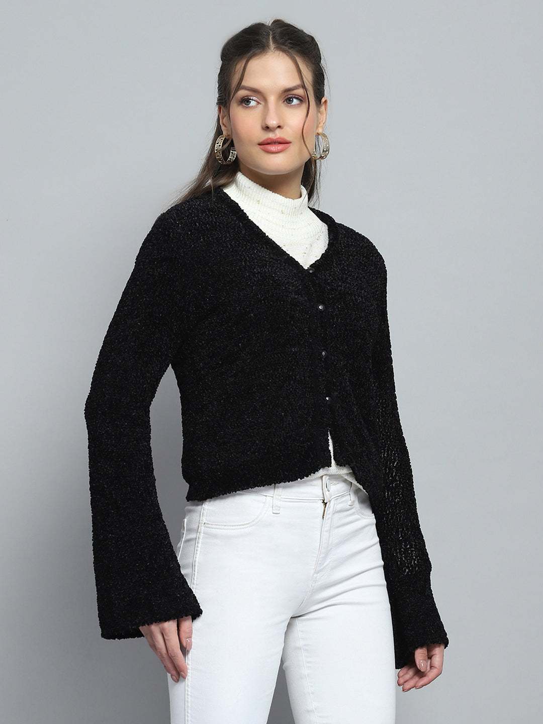 Women Black Self Design V Neck Full Sleeve Cardigan
