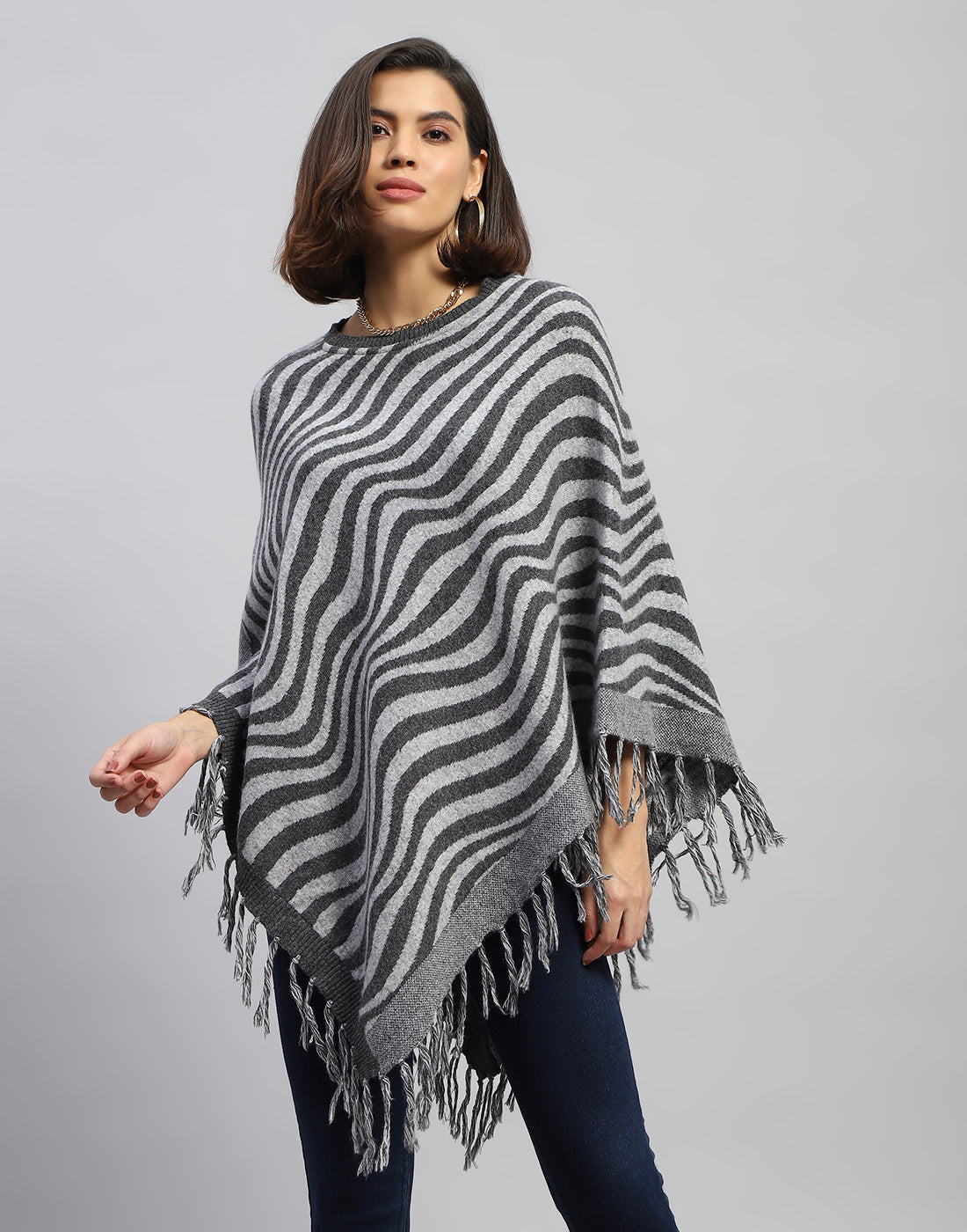 Women Grey Self Design Round Neck Poncho
