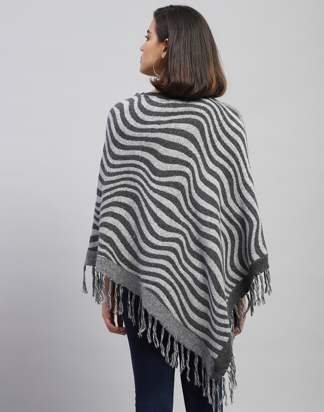 Women Grey Self Design Round Neck Poncho