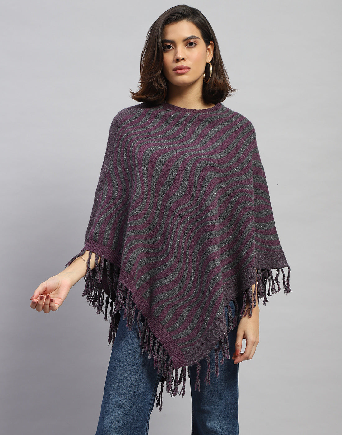 Women Purple Self Design Round Neck Poncho
