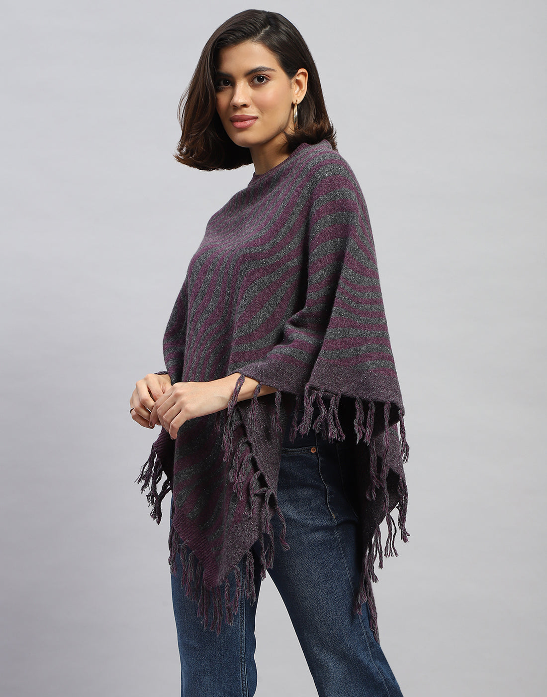 Women Purple Self Design Round Neck Poncho