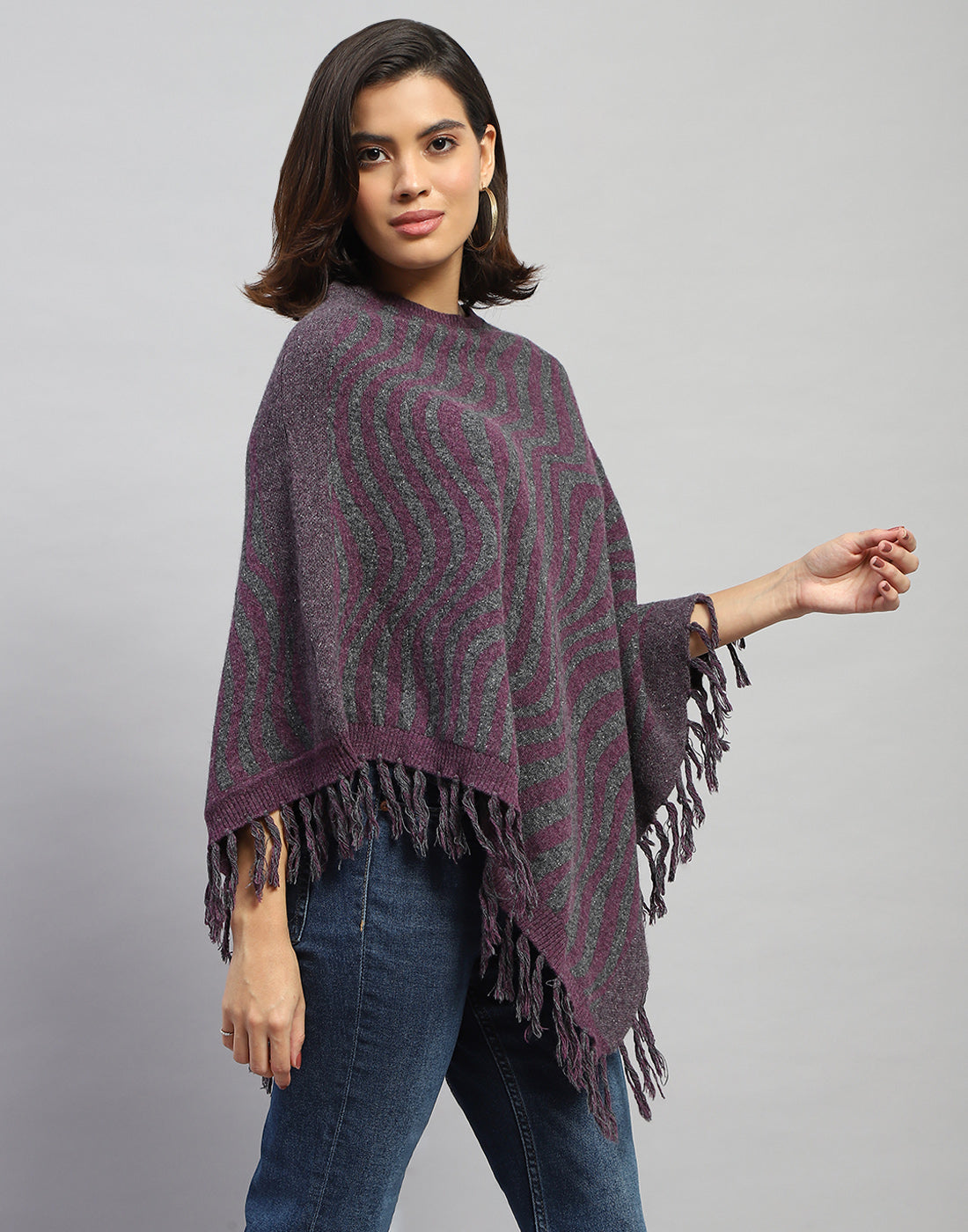 Women Purple Self Design Round Neck Poncho