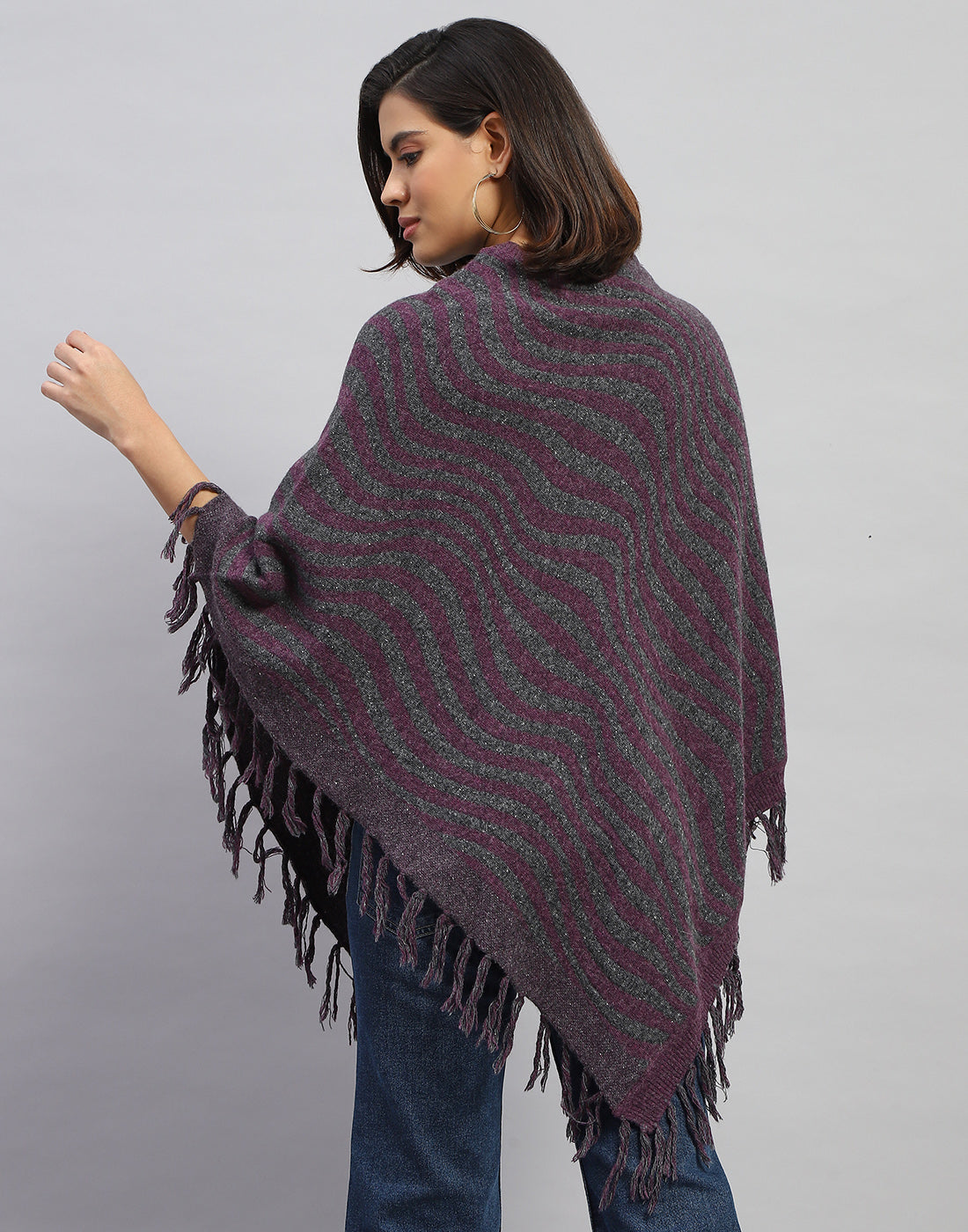 Women Purple Self Design Round Neck Poncho