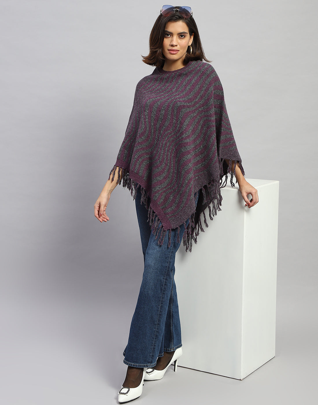 Women Purple Self Design Round Neck Poncho