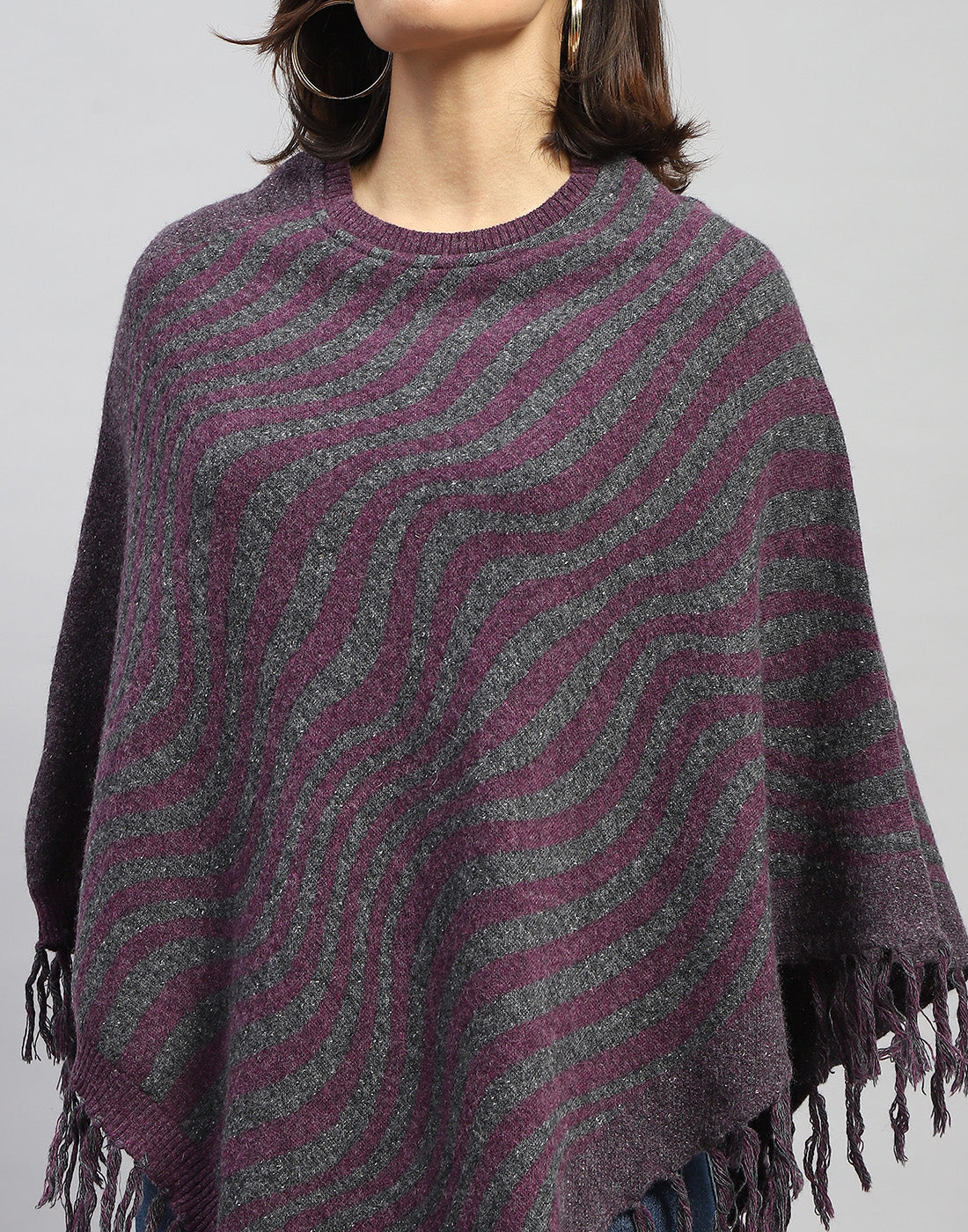 Women Purple Self Design Round Neck Poncho