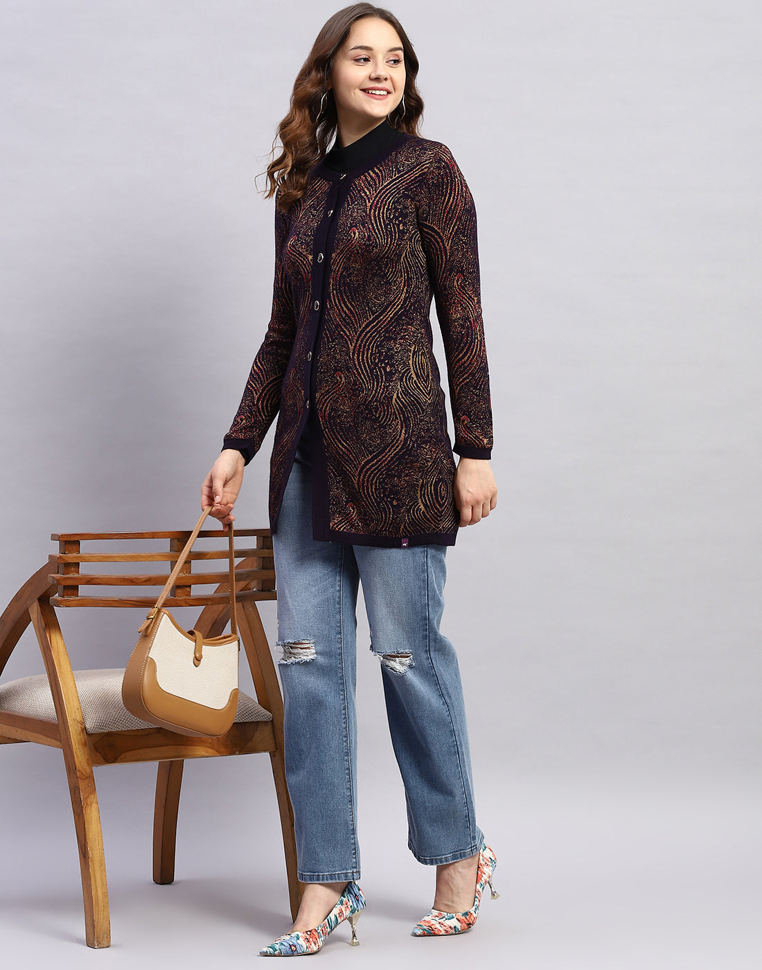 Women Maroon Self Design Round Neck Full Sleeve Cardigan