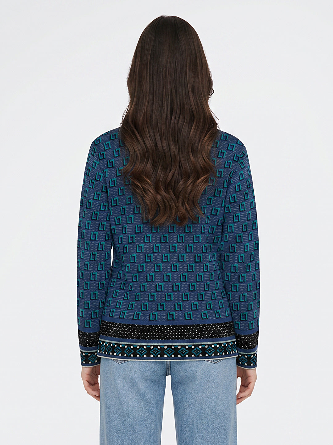 Women Blue Jacquard V Neck Full Sleeve Cardigan