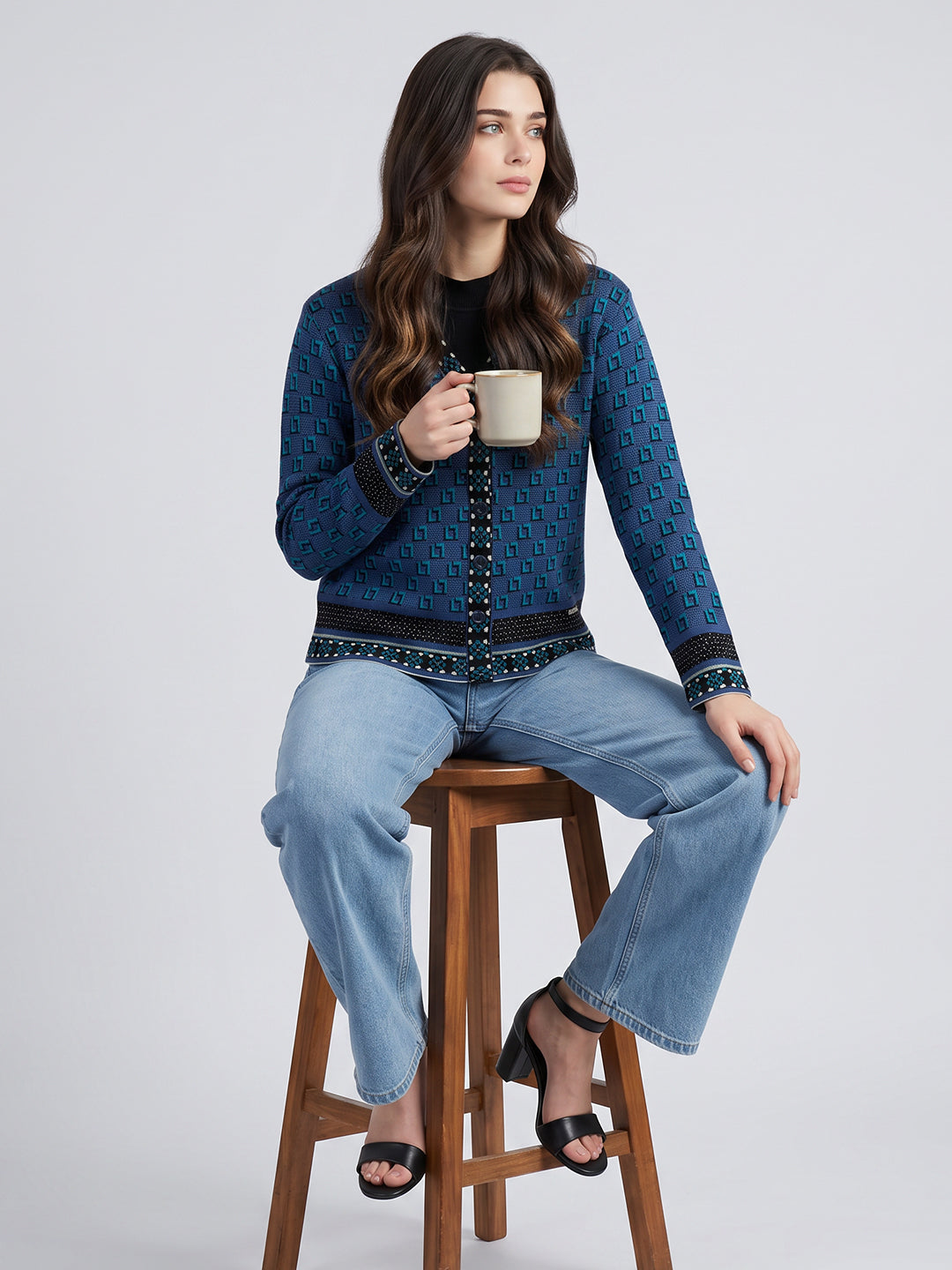Women Blue Jacquard V Neck Full Sleeve Cardigan