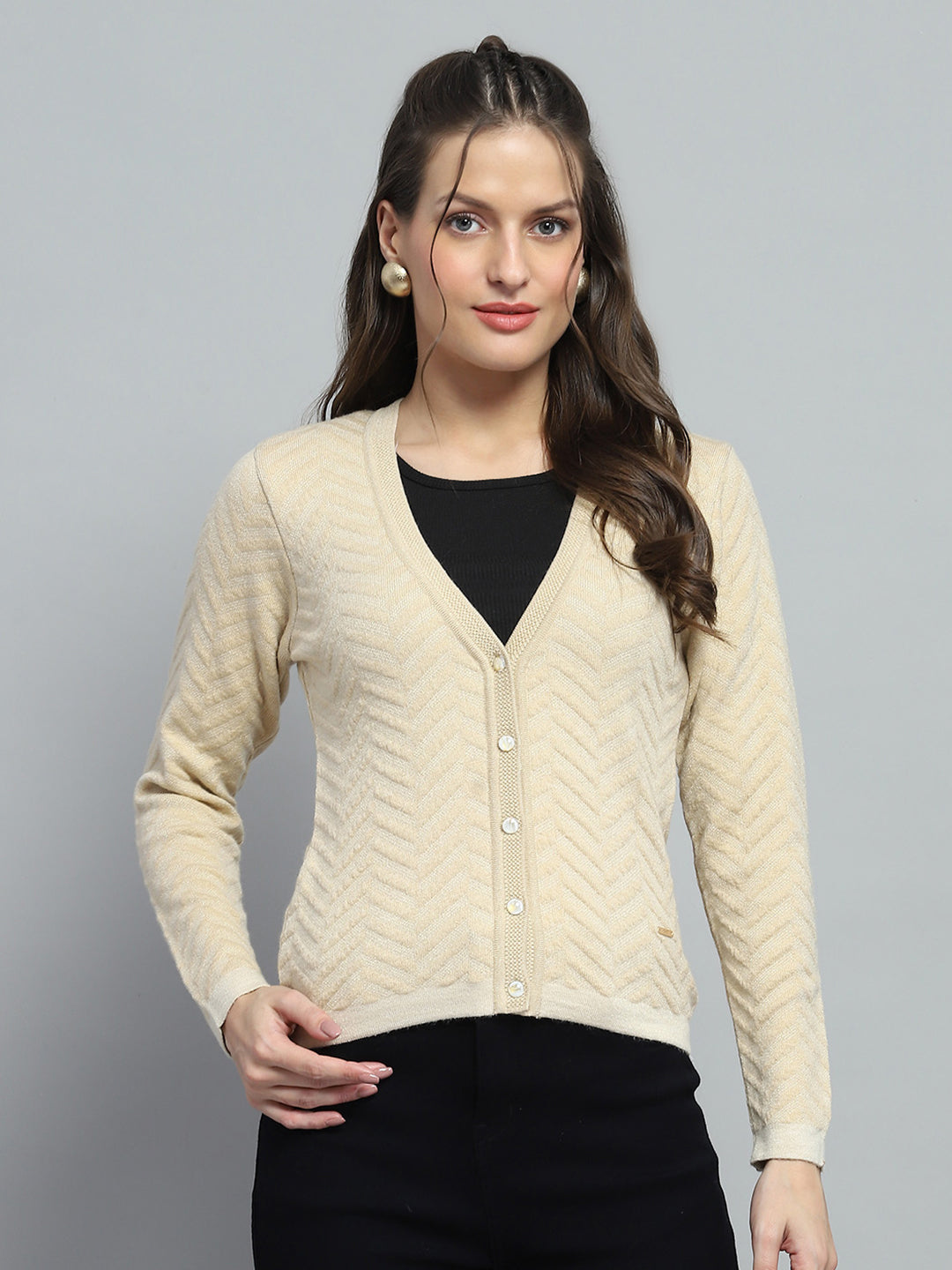 Women Beige Self Design V Neck Full Sleeve Cardigan