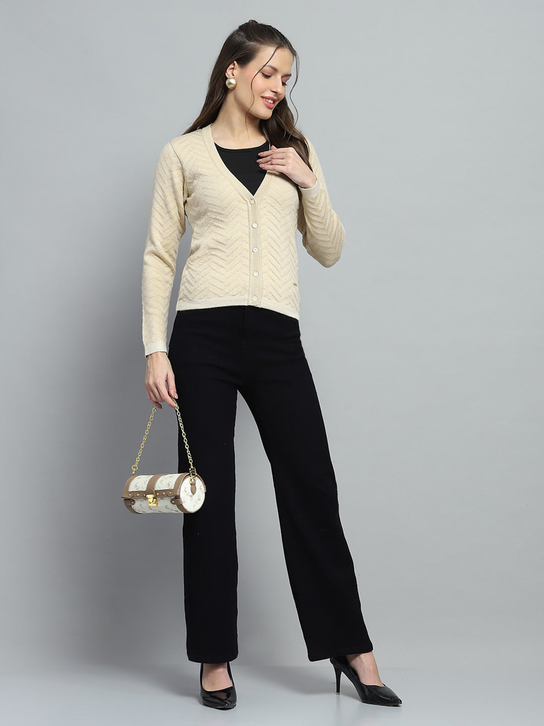 Women Beige Self Design V Neck Full Sleeve Cardigan