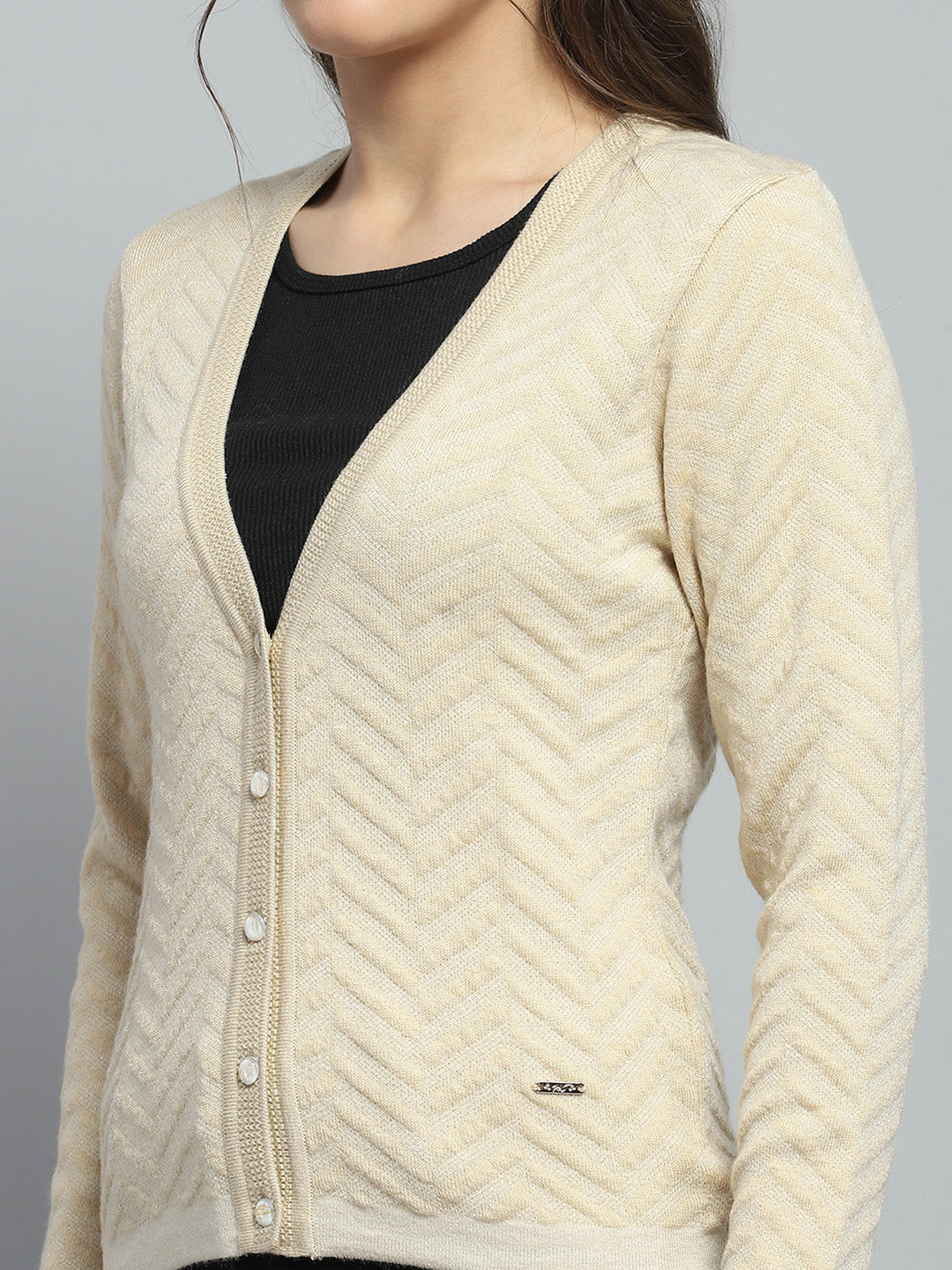 Women Beige Self Design V Neck Full Sleeve Cardigan