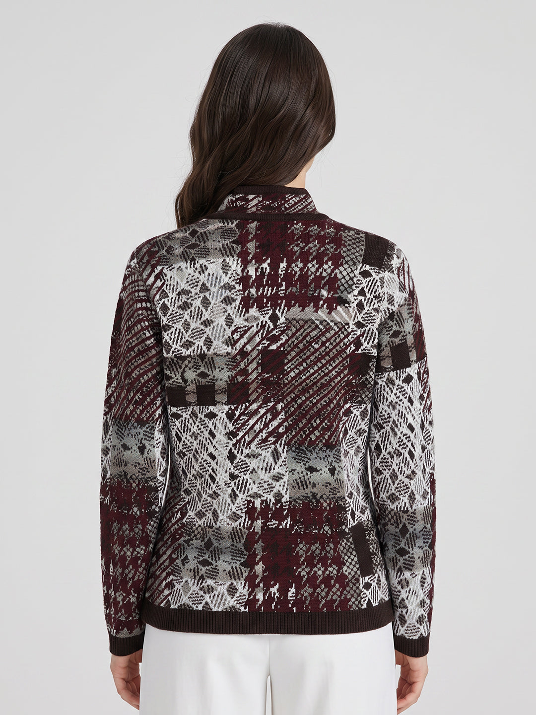 Women Brown Jacquard V Neck Full Sleeve Cardigan