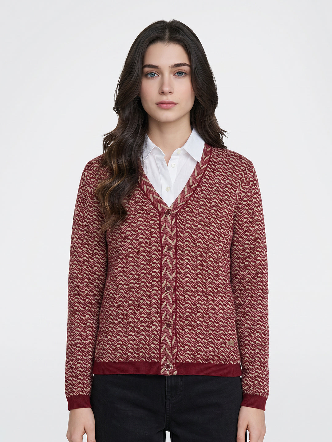 Women Multicolor Jacquard V Neck Full Sleeve Cardigan