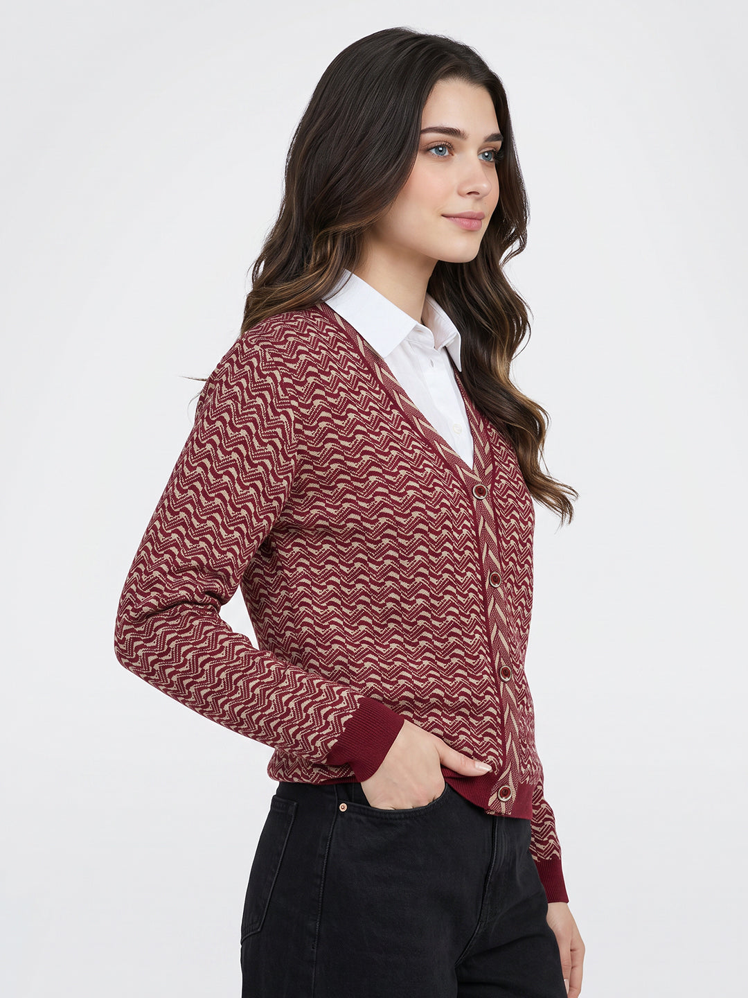 Women Multicolor Jacquard V Neck Full Sleeve Cardigan