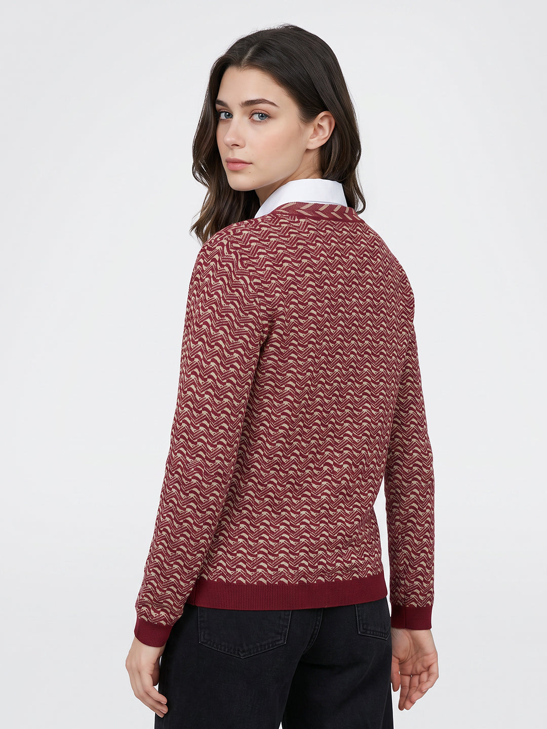 Women Multicolor Jacquard V Neck Full Sleeve Cardigan