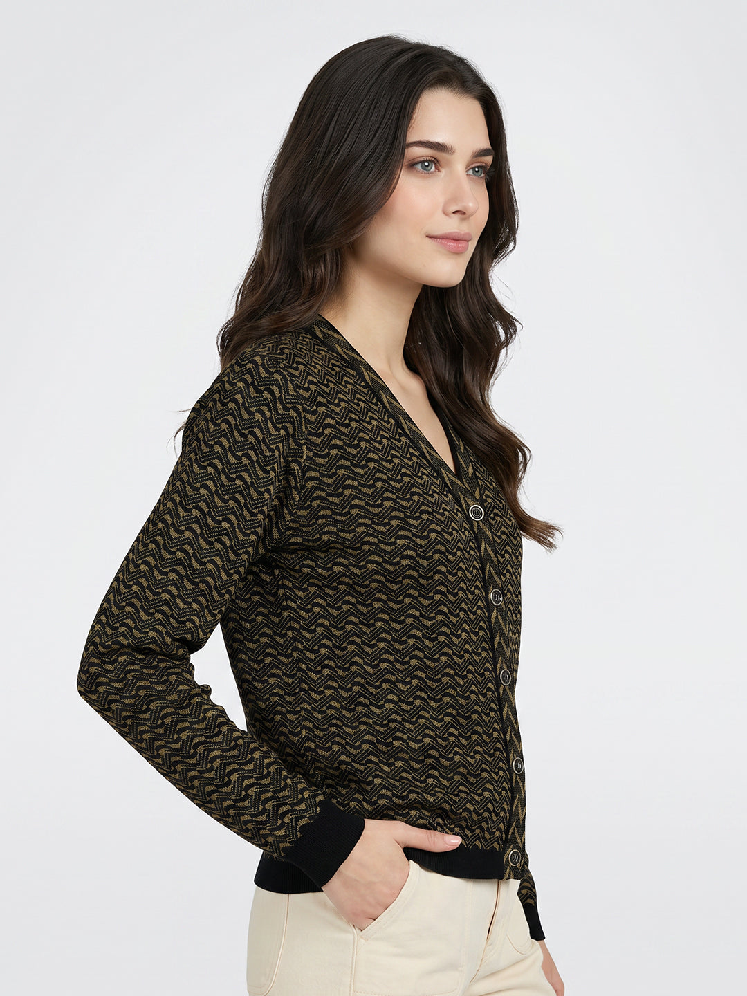 Women Black Jacquard V Neck Full Sleeve Cardigan