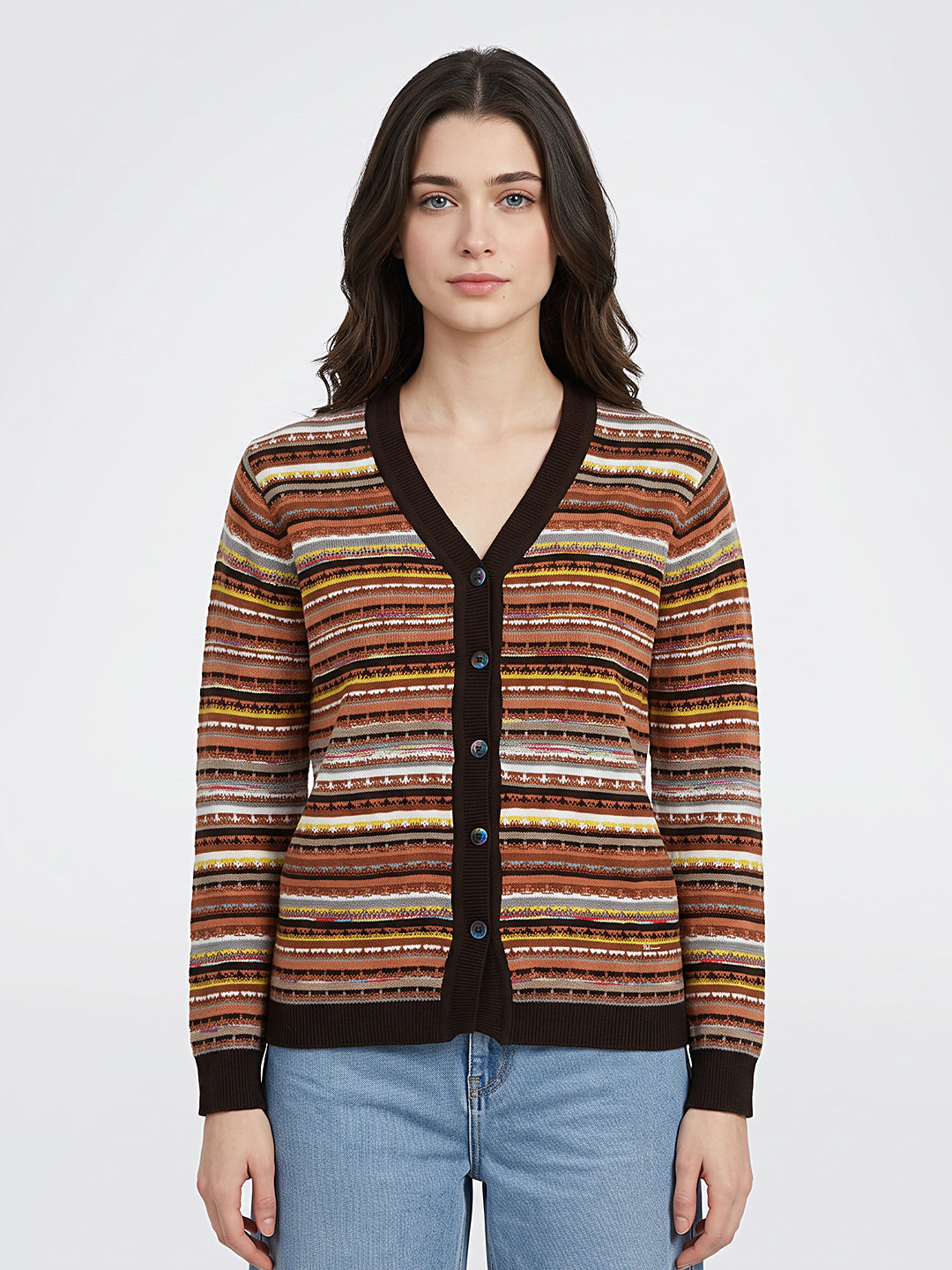 Women Brown Jacquard V Neck Full Sleeve Cardigan