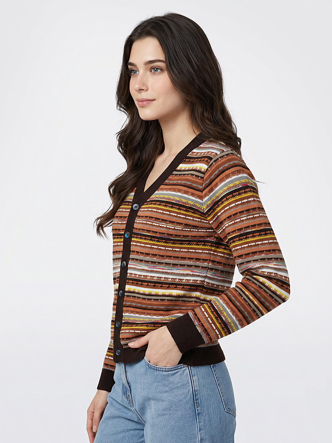 Women Brown Jacquard V Neck Full Sleeve Cardigan