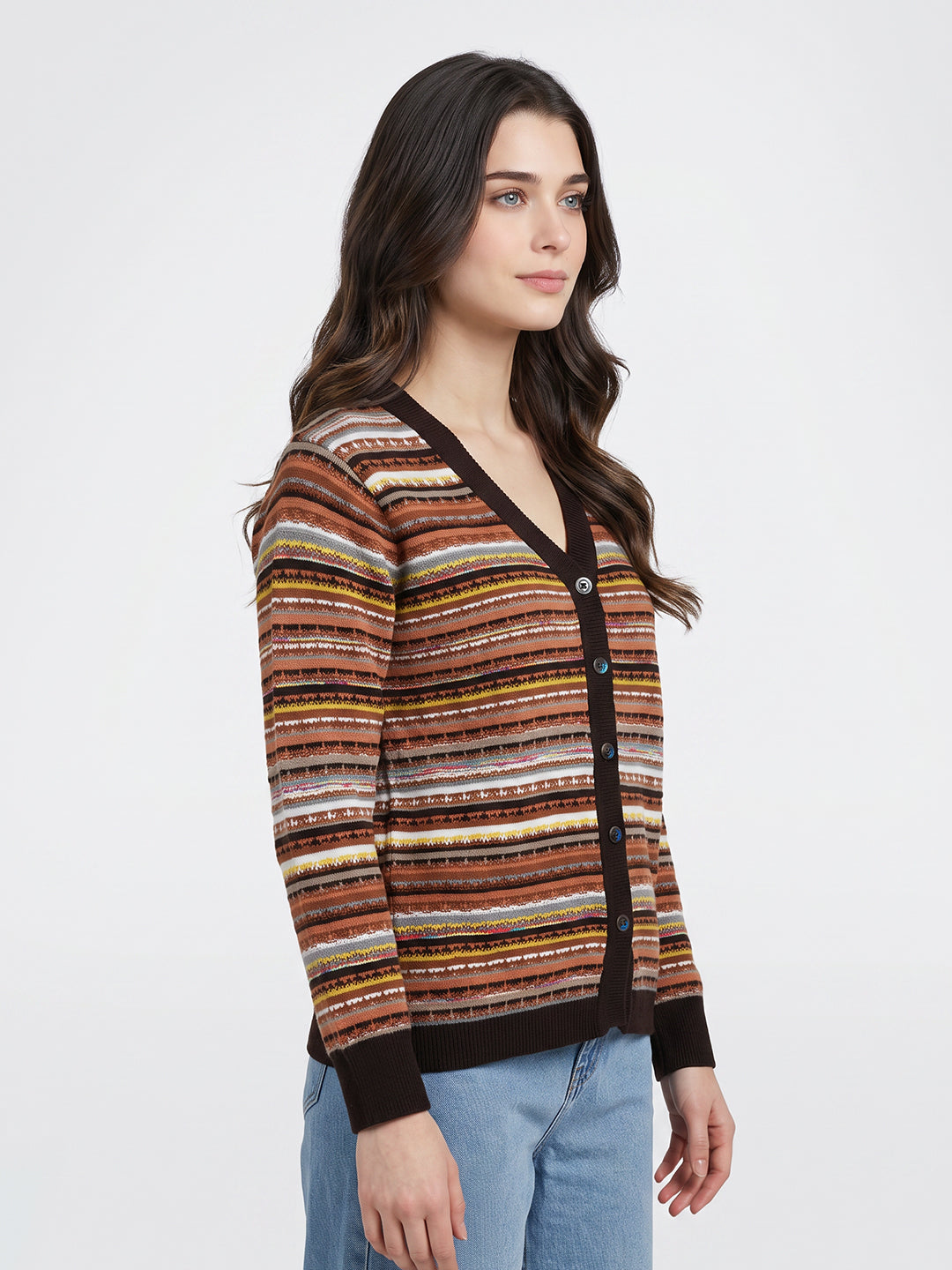 Women Brown Jacquard V Neck Full Sleeve Cardigan