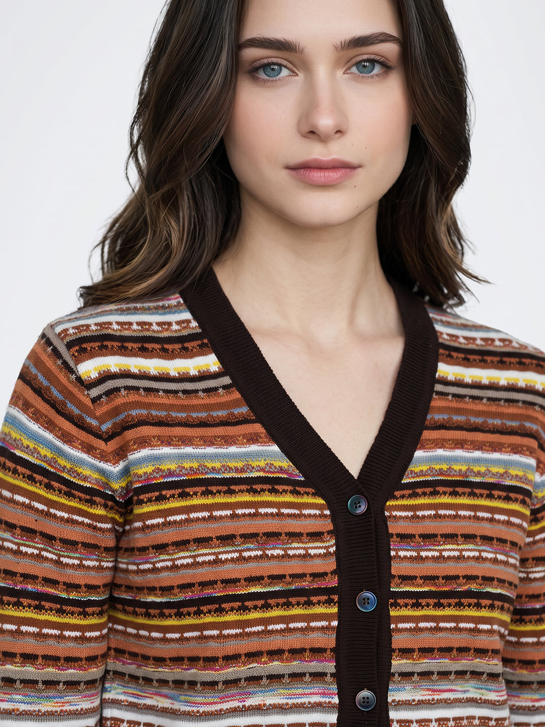 Women Brown Jacquard V Neck Full Sleeve Cardigan