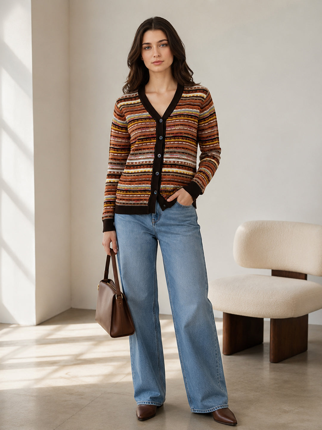 Women Brown Jacquard V Neck Full Sleeve Cardigan