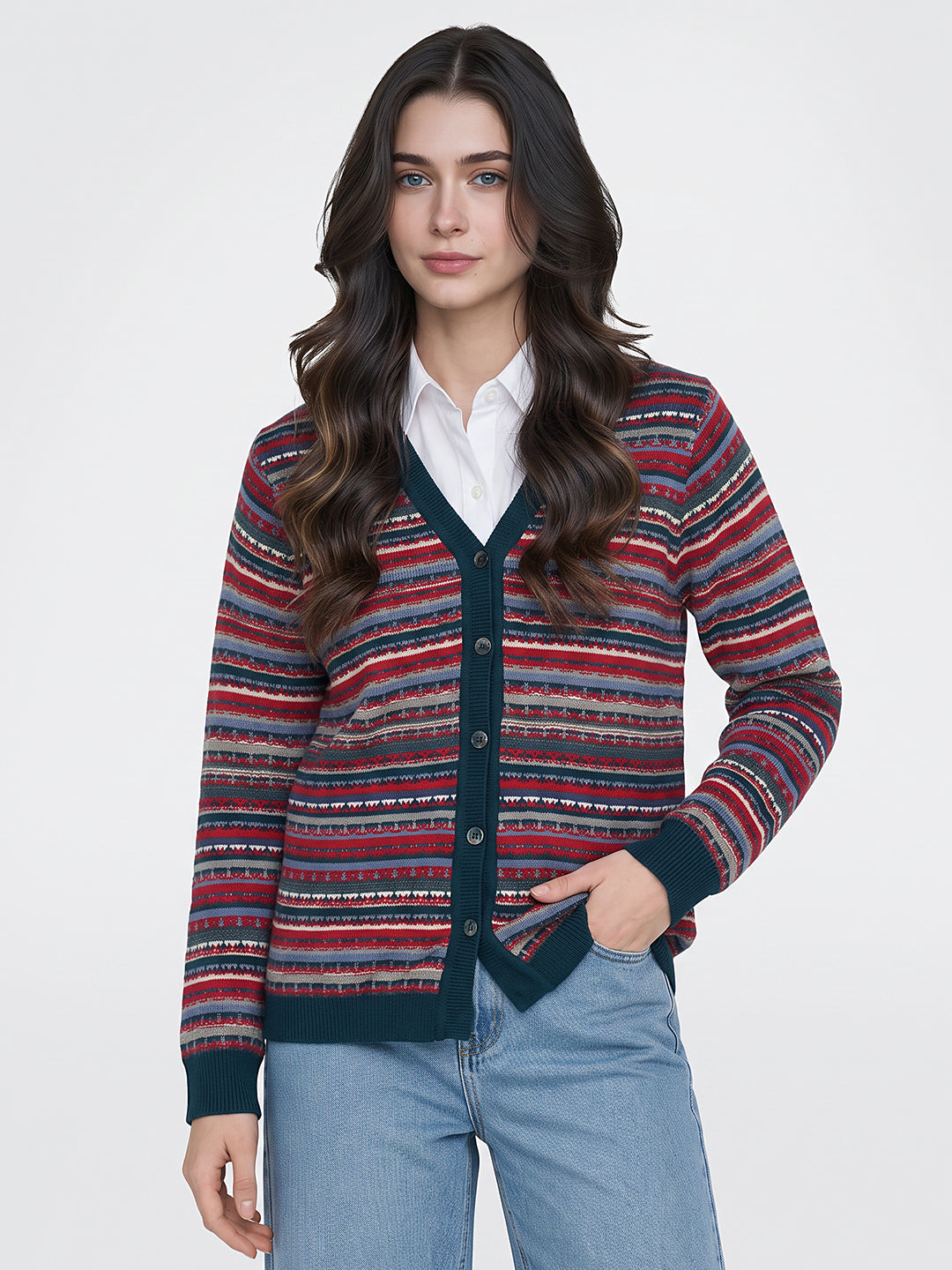Women Teal Blue Jacquard V Neck Full Sleeve Cardigan