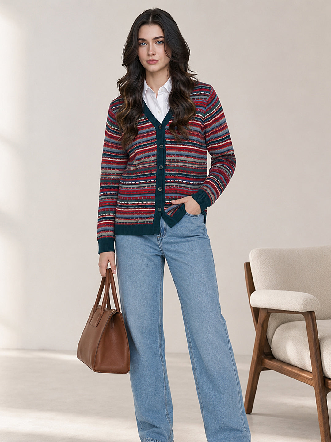 Women Teal Blue Jacquard V Neck Full Sleeve Cardigan