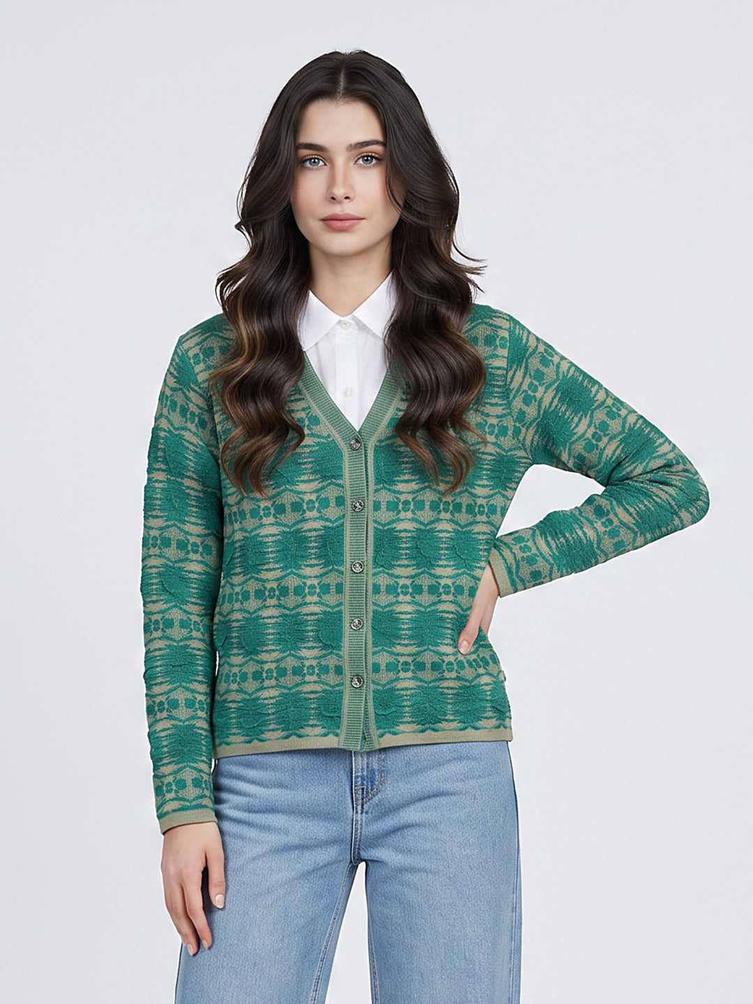 Women Green Jacquard V Neck Full Sleeve Cardigan