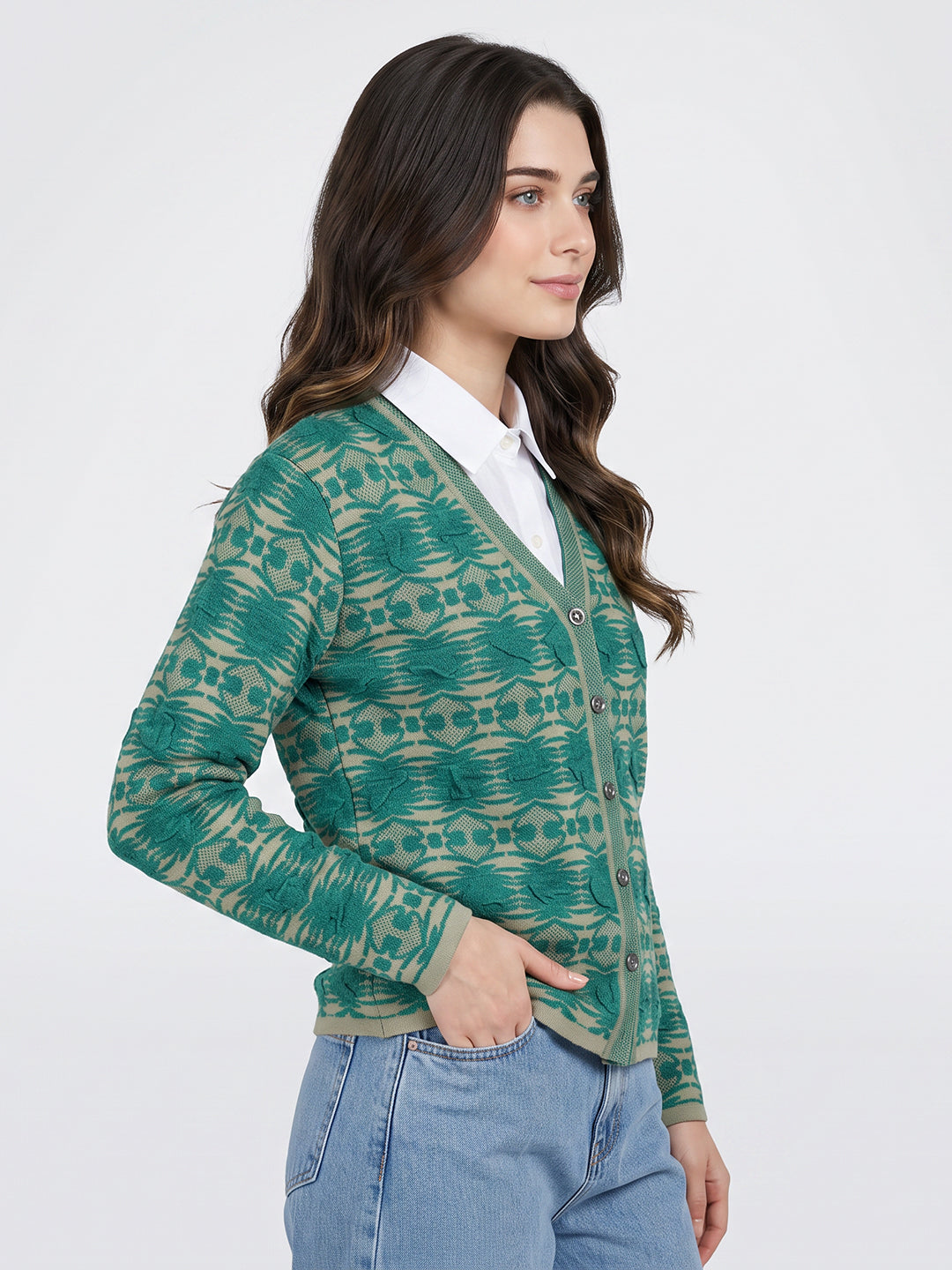 Women Green Jacquard V Neck Full Sleeve Cardigan