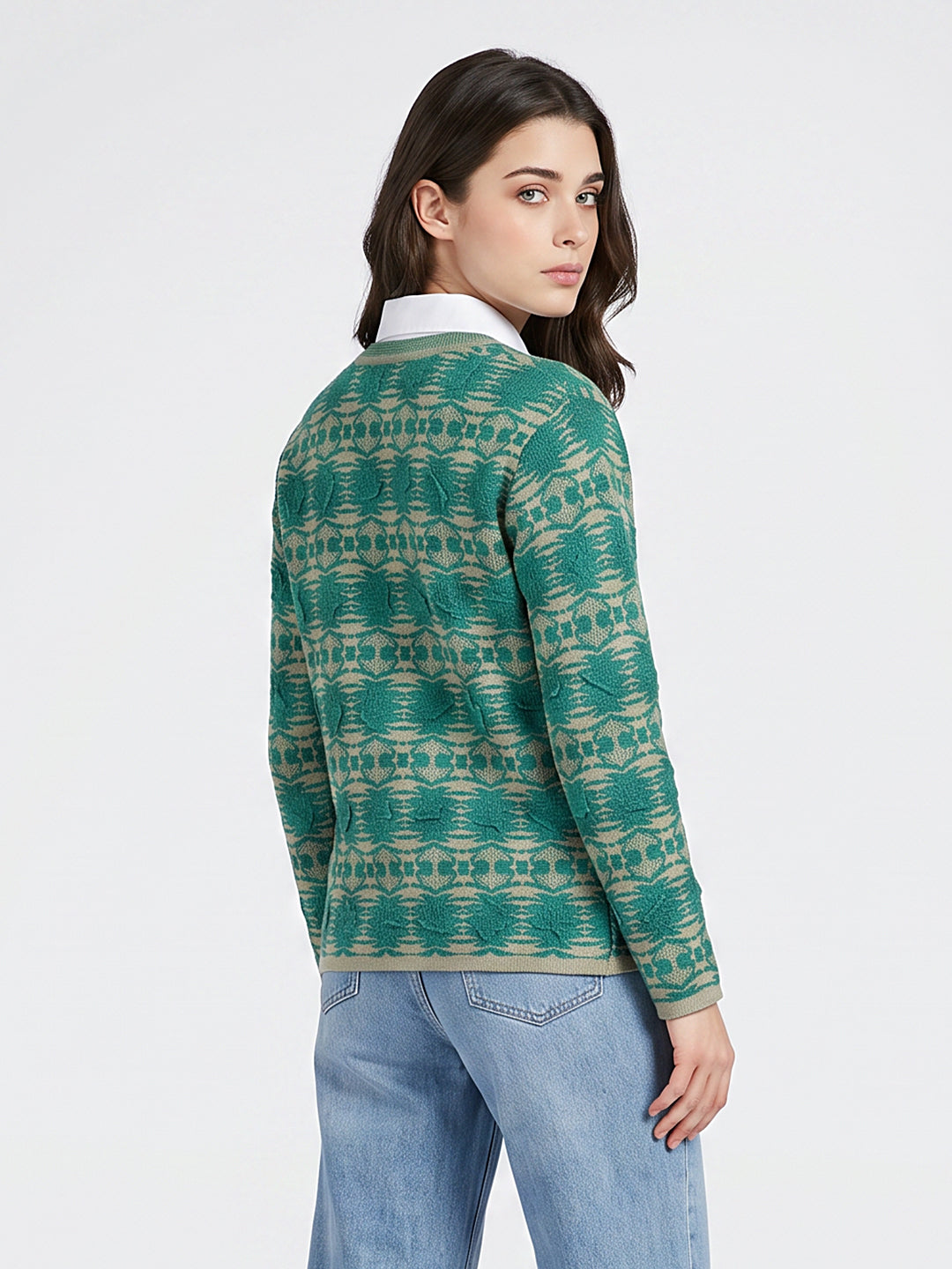 Women Green Jacquard V Neck Full Sleeve Cardigan