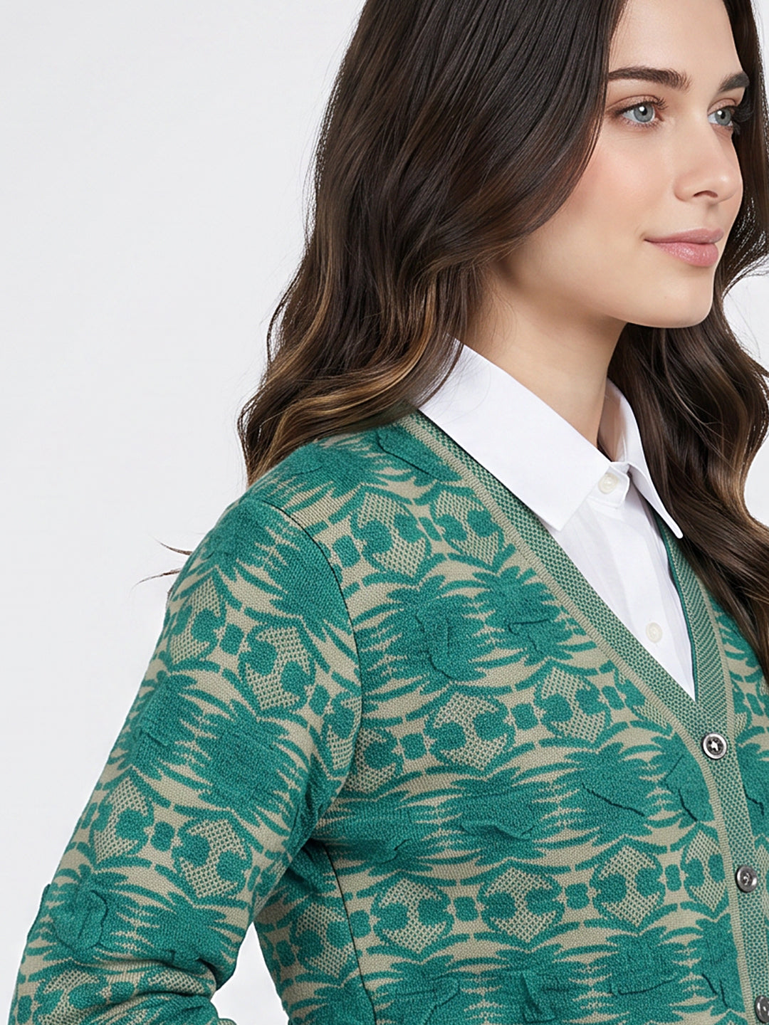 Women Green Jacquard V Neck Full Sleeve Cardigan