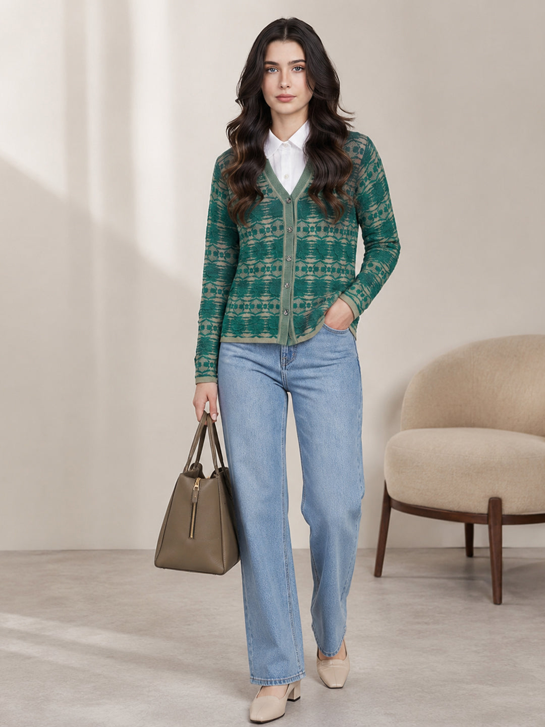 Women Green Jacquard V Neck Full Sleeve Cardigan