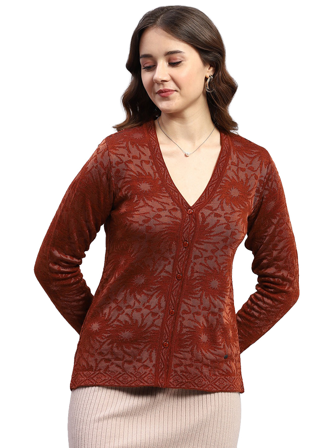 Women Brown Self Design V Neck Full Sleeve Cardigan