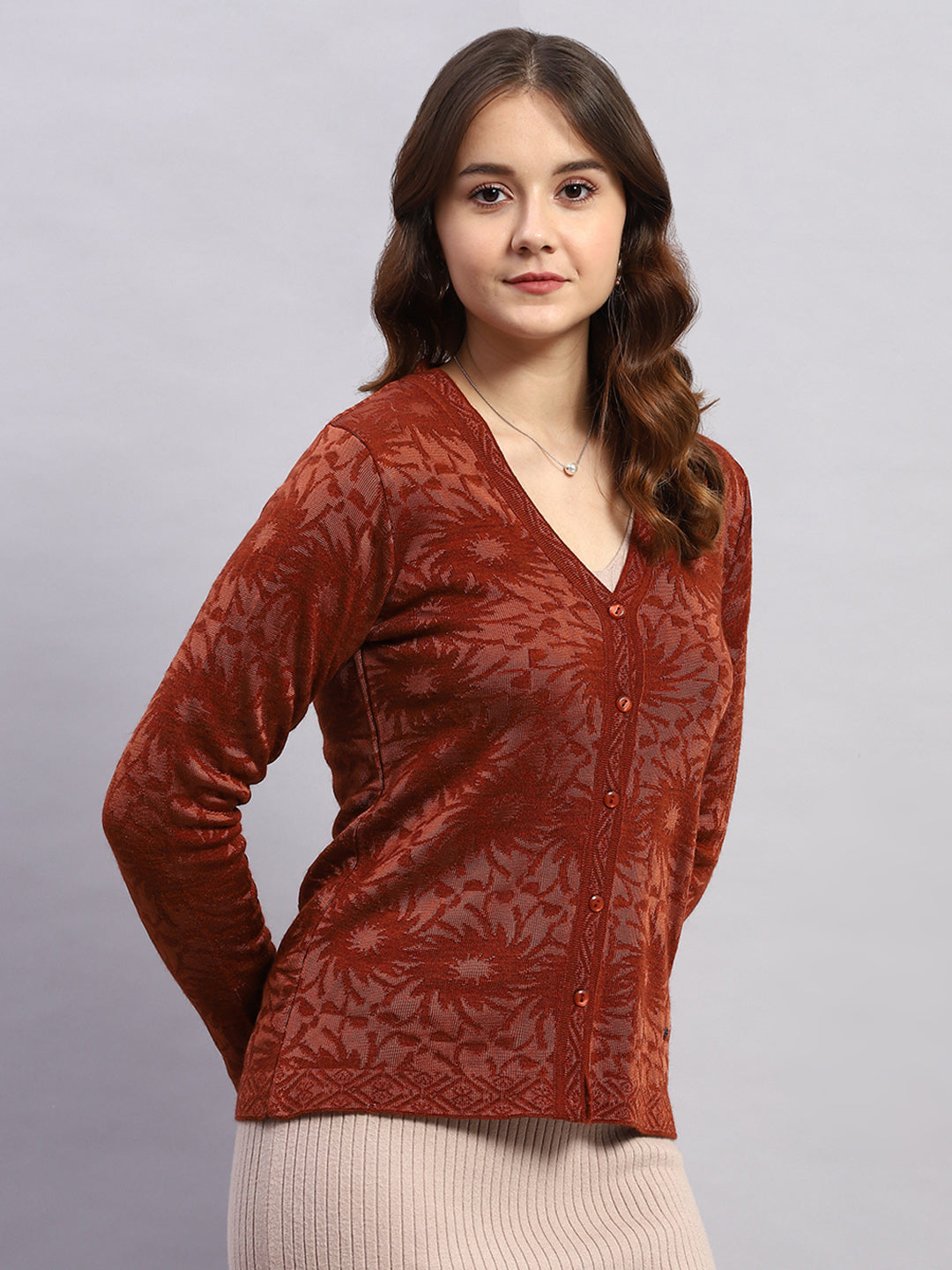 Women Brown Self Design V Neck Full Sleeve Cardigan