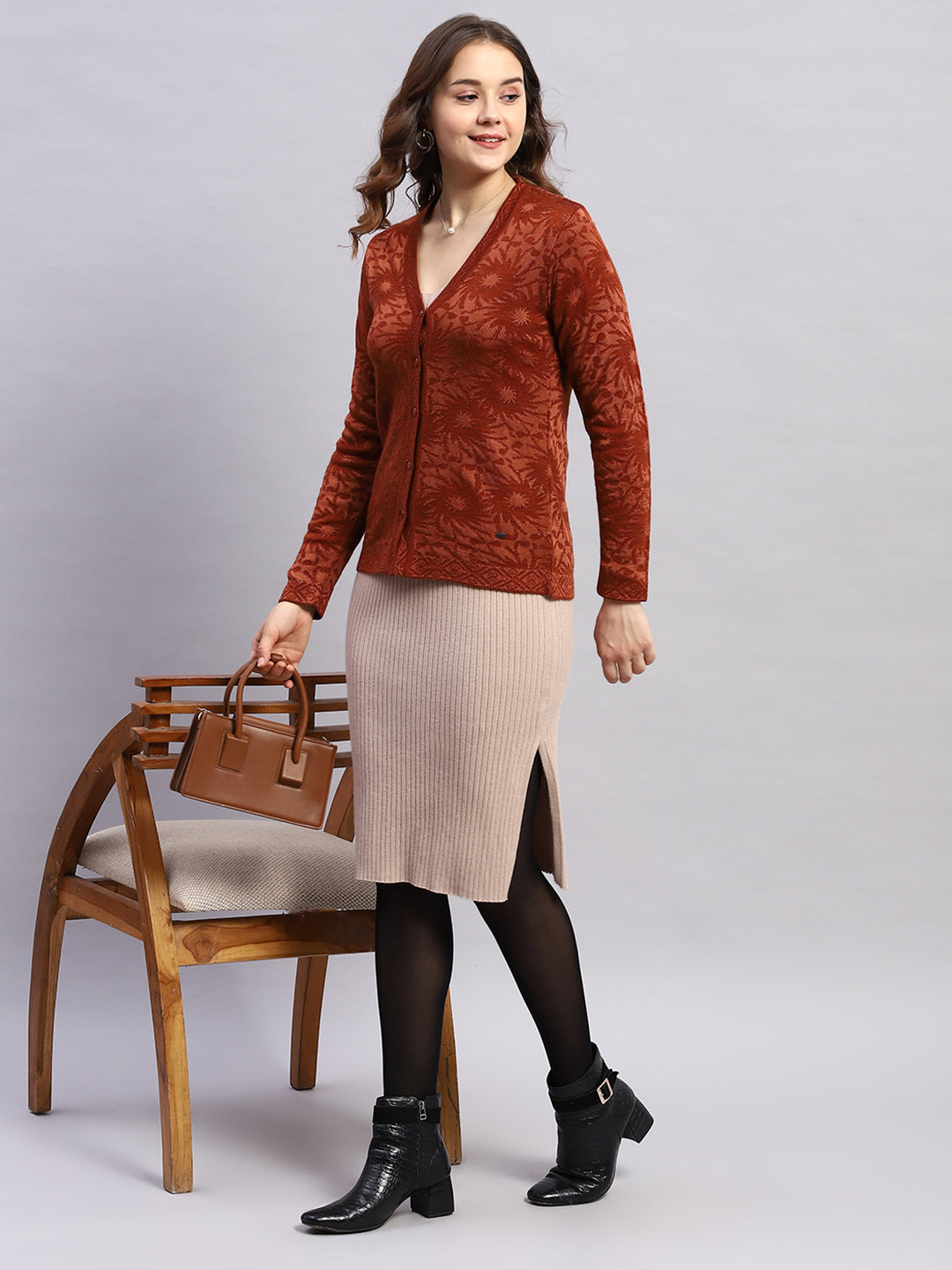 Women Brown Self Design V Neck Full Sleeve Cardigan