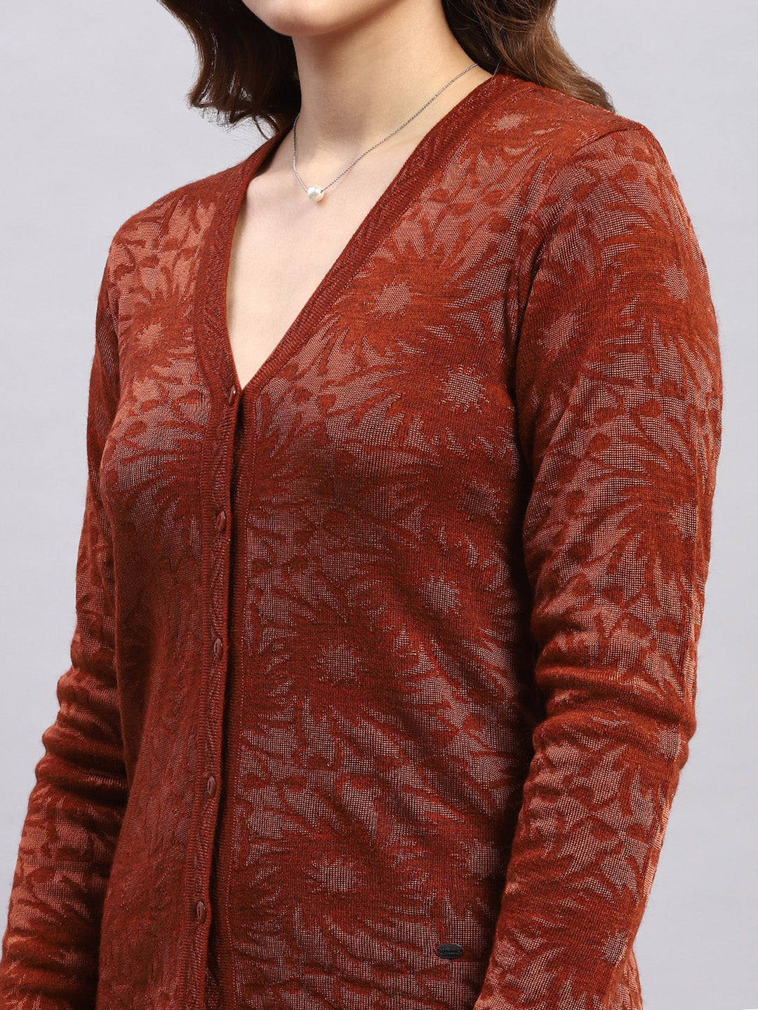Women Brown Self Design V Neck Full Sleeve Cardigan