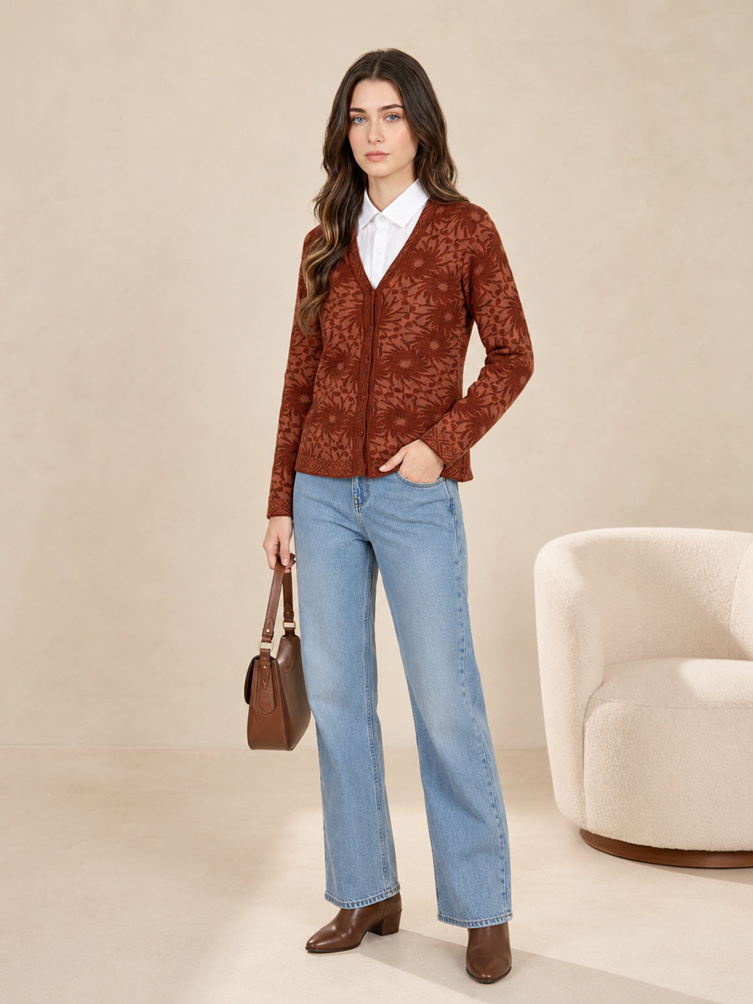 Women Brown Self Design V Neck Full Sleeve Cardigan