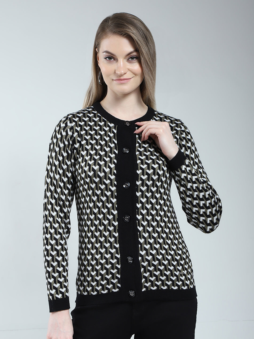 Women Black Self Design Round Neck Full Sleeve Cardigan
