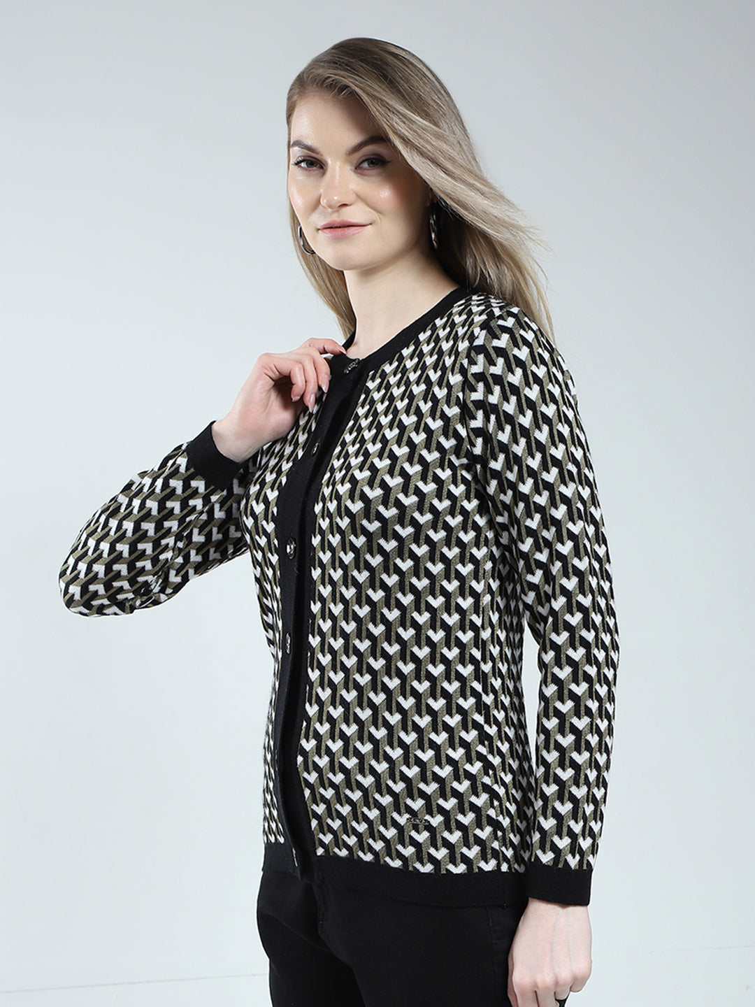 Women Black Self Design Round Neck Full Sleeve Cardigan