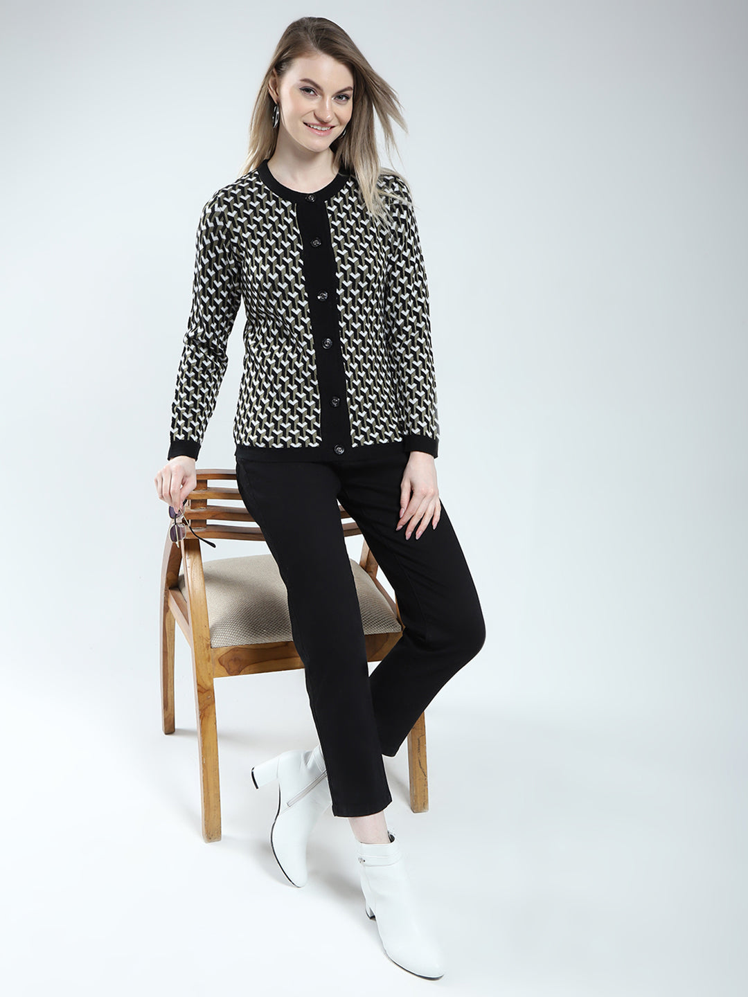 Women Black Self Design Round Neck Full Sleeve Cardigan